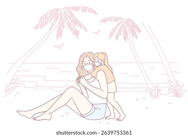 A heartwarming moment between a loving mother and her joyful daughter on a beautiful beach, filled with happiness