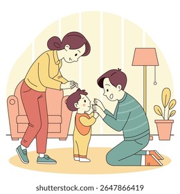 Heartwarming moment of Flat vector illustration of a parent teaching a toddler to walk, captured in warm and colorful tones, perfect for family and parenting themes.