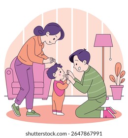 Heartwarming moment of Flat vector illustration of a parent teaching a toddler to walk, captured in warm and colorful tones, perfect for family and parenting themes.