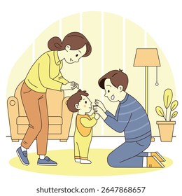 Heartwarming moment of Flat vector illustration of a parent teaching a toddler to walk, captured in warm and colorful tones, perfect for family and parenting themes.