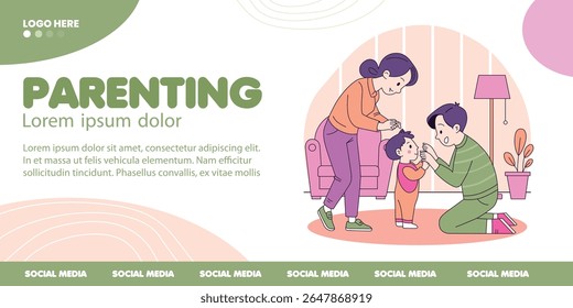 Heartwarming moment of Flat vector illustration of a parent teaching a toddler to walk, captured in warm and colorful tones, perfect for family and parenting themes.