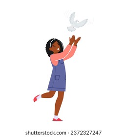 Heartwarming Moment with Little Black Girl Releases A White Dove, Symbolizing Peace And Hope For A Better World. Isolated Black Female Child Character with Pigeon. Cartoon People Vector Illustration