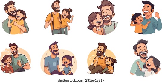 Heartwarming Moments of Father and Daughter Celebrating Joyful Togetherness, Vector Illustration Set for Father's Day, Father with daughter laughing and enjoying together