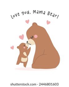 Día de las madres con corazón Oso Mamá y bebé cachorro adorable tarjeta de felicitación ilustración.