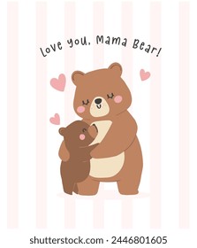 Heartwarming Mothers Day Bear Mom and Baby hugging Cub Greeting Card Illustration.