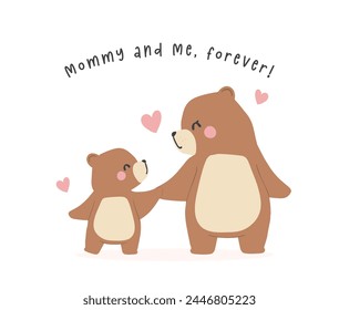 Heartwarming Mothers Day Bear Mom and Baby hugging Cub Greeting Card Illustration.