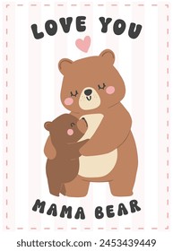 Día de las madres con corazón Oso Mamá y bebé cachorro adorable tarjeta de felicitación ilustración.