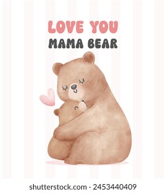 Heartwarming Mothers Day Bear Mom and Baby Cub hugging Adorable watercolor illustration.