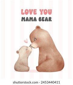 Día de las madres con corazón Oso Mamá y bebé cachorro nariz a nariz Adorable ilustración de acuarela.