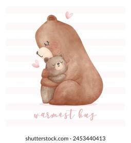 Heartwarming Mothers Day Bear Mom and Baby Cub hugging Adorable watercolor illustration.