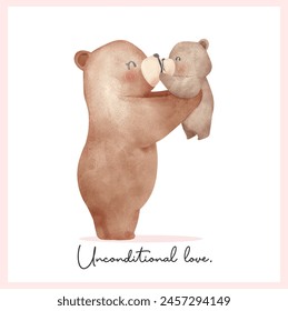 Heartwarming Mothers Day Bear Mom and Baby Cub cuddle hug Adorable watercolor illustration.