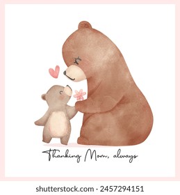 Heartwarming Mothers Day Bear Mom and Baby Cub showing love Adorable watercolor illustration.