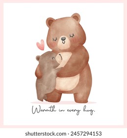 Heartwarming Mothers Day Bear Mom and Baby Cub cuddle hug Adorable watercolor illustration.