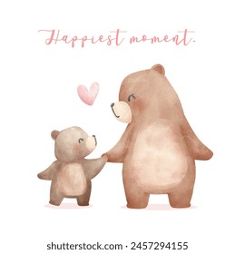 Heartwarming Mothers Day Bear Mom and Baby Cub holding hand Adorable watercolor illustration.