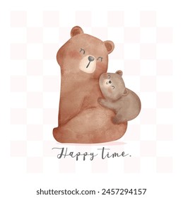 Heartwarming Mothers Day Bear Mom and Baby Cub cuddle hand Adorable watercolor illustration.