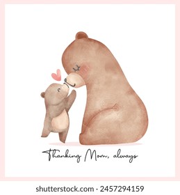 Heartwarming Mothers Day Bear Mom and Baby Cub showing love hand Adorable watercolor illustration.