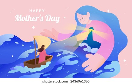 Heartwarming Mothers Day card. Mom guiding daughter like a lighthouse in the ocean on pink background