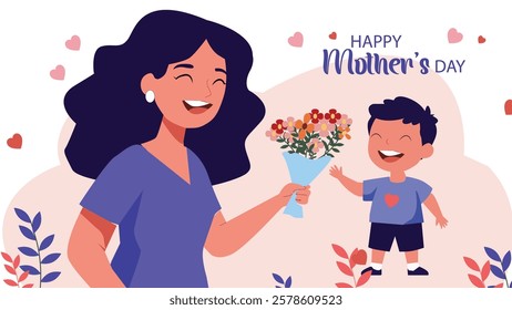 Heartwarming Mother's Day illustration featuring a child presenting a bouquet of flowers to his mother, celebrating love, joy, and the special bond between them