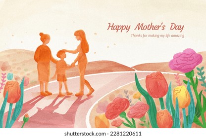 Heartwarming mother's day illustration. Grandmother, mother and son on floral trail in watercolor style.