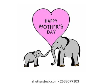 A heartwarming Mother's Day image featuring a mother elephant and her calf, with a large pink heart.