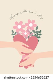 Heartwarming Mother's Day poster design template in flat design, featuring floral elements. Perfect for banners, posters, greeting card templates, promotional materials, and websites.