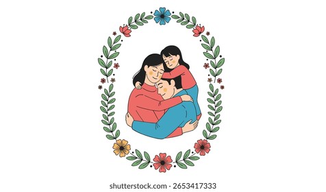 Um retrato emocionante de uma mãe abraçando seus dois filhos com amor e carinho dentro de uma coroa floral