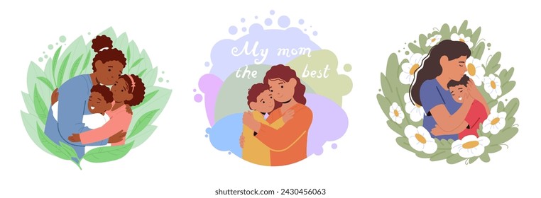 Heartwarming Portraits Capturing Tender Moment, Mothers Envelop their Children In Loving Embrace, Their Faces Glowing With Joy And Contentment, Surrounded By Warmth And Affection. Vector Illustration