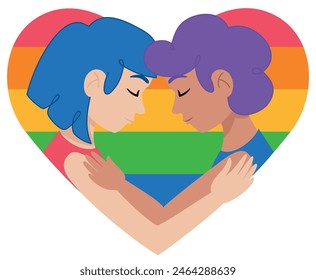Heartwarming Pride sticker icon featuring an LGBTQ+ couple embracing inside a heart with rainbow stripes. Perfect for LGBTQ+ themes and celebrations.