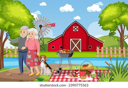 A heartwarming scene of an elderly couple having a picnic by a river on a beautiful farmland