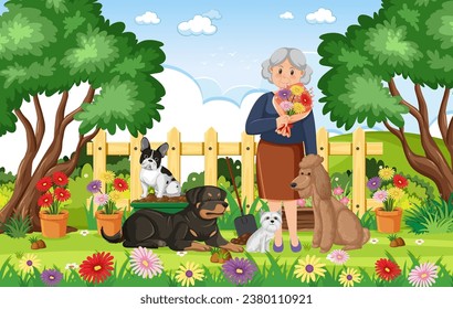 Una escena conmovedora de una abuela rodeada por sus perros mientras recogía flores del jardín