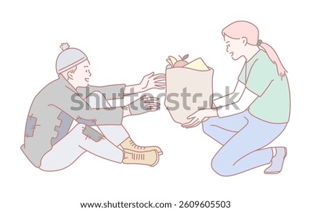 In a heartwarming scene of kindness, one generous person offers a bag of essential food items to someone in dire need