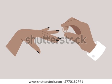 In a heartwarming scene, one hand gently places a golden ring on another hand, symbolizing devotion and love, The elegant fingers show anticipation and joy, celebrating a new beginning together.
