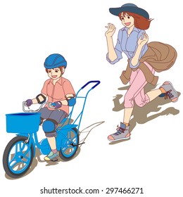 The heartwarming scene of Practice of a first bicycle. The Boys said, [ â??Goody!â?� I was able to ride a bicycle alone]. (Right front side perspective view.)