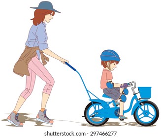 The heartwarming scene of Practice of a first bicycle. The Boys said, [ Mom, Please still do not release the hand?]. (Left Side View.)