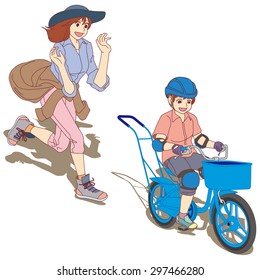 The heartwarming scene of Practice of a first bicycle. The Boys said, [ â??Goody!â?� I was able to ride a bicycle alone]. (Left front side perspective view.)