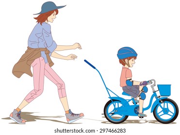 The heartwarming scene of Practice of a first bicycle. The Boys said, [ â??Goody!â?� I was able to ride a bicycle alone]. (Left Side View.)