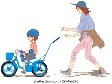 The heartwarming scene of Practice of a first bicycle. The Boys said, [ â??Goody!â?� I was able to ride a bicycle alone]. (Right Side View.)