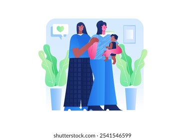 A heartwarming scene showing two women and a baby in a cozy setting. Vector illustration