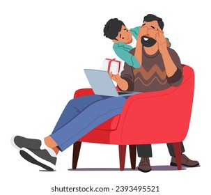 Heartwarming Scene As The Son Eagerly Hands A Gift To His Dad Character, Closing his Eyes. A Simple Gesture, Yet Filled With Love And Appreciation. Cartoon People Vector Illustration