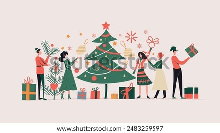 A heartwarming scene unfolds in this flat vector illustration. Gleeful figures, bundled in winter clothes, gather around a vibrant Christmas tree. 