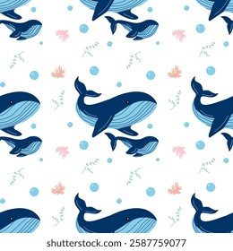 A heartwarming seamless pattern of a whale with its baby, capturing the bond between mother and child in a beautiful ocean scene.