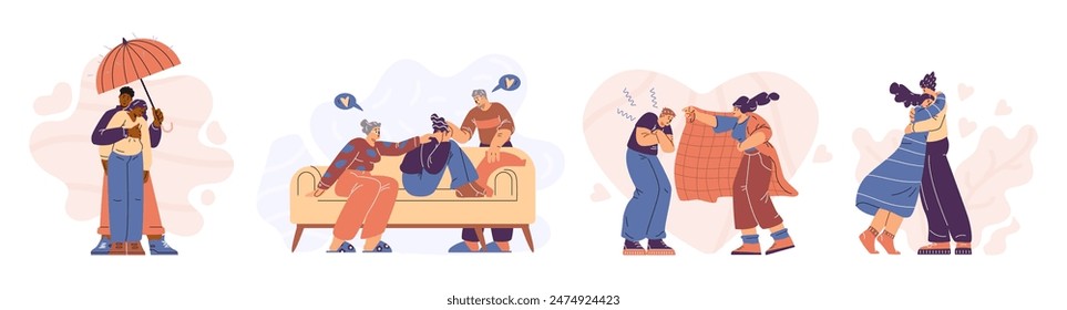 A heartwarming set captures various acts of empathy and care. Vector illustration scenes of support, comfort, and kindness between diverse individuals in different situations.