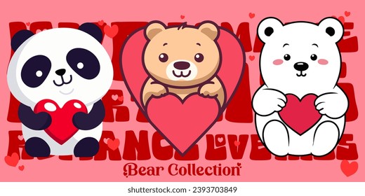 Colección de Osos Cutos con un conjunto de corazonadores: Oso de peluche, Panda, Oso Polar. Composiciones vectoriales con osos, corazones de estilo plano para el día de San Valentín
