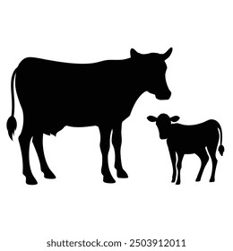 A heartwarming silhouette illustration of a cow and her baby calf standing together, capturing the bond between mother and offspring.