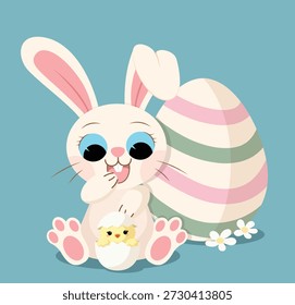 Una reconfortante ilustración plana de primavera con un lindo conejo de Pascua blanco sentado junto a un Grande huevo a rayas mientras observa una pequeña eclosión de polluelo amarillo. Gráfico detallado del Vector con las margaritas blancas en un fondo verde azulado.