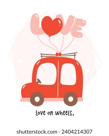 Caricatura de San Valentín, reconfortante. Cute coche Kawaii en tema rojo y rosa con globos, corazón y caja de regalo en diseño plano