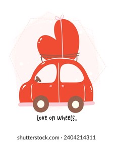 Caricatura de San Valentín, reconfortante. Cute coche Kawaii en el tema rojo y rosa con el corazón en diseño plano.