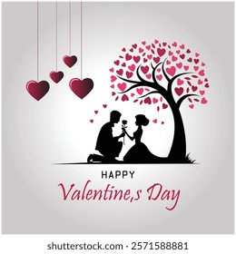 A heartwarming Valentine's Day design featuring a silhouette of a couple under a tree adorned with heart-shaped leaves. The scene is complemented by hanging red hearts and elegant typography wishing "