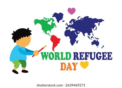 Heartwarming vector of a child sketching a world map with crayons, replacing borders with colorful hearts. Symbol of love and unity for World Refugee Day. Clean white background, ideal for awareness.