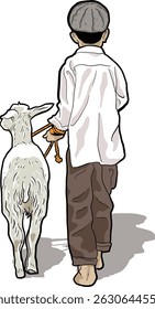A heartwarming vector illustration Captured from behind, this image symbolizes religion, tradition. Ideal for Eid al-Adha, cultural themes, village scenes, or children’s educational materials.